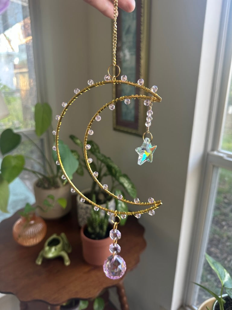 Rose Quartz Large Crescent Moon Suncatchers (Multiple Styles)